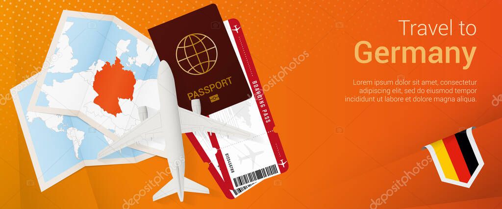 Travel to Germany pop-under banner. Trip banner with passport, tickets, airplane, boarding pass, map and flag of Germany.