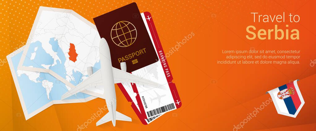 Travel to Serbia pop-under banner. Trip banner with passport, tickets, airplane, boarding pass, map and flag of Serbia.