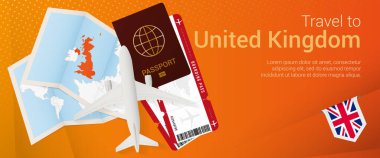 Birleşik Krallık 'a pop-under pankartıyla seyahat edin. Pasaport, bilet, uçak, biniş kartı, harita ve Birleşik Krallık bayrağıyla seyahat bayrağı.