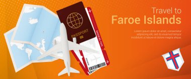 Faroe Adaları 'na seyahat edin. Pasaportu, biletleri, uçak bileti, uçuş kartı, haritası ve Faroe Adaları bayrağı olan bir seyahat bayrağı..