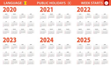 Rumence 2020-2025 yıllık takvim, hafta pazar gününden itibaren başlıyor.