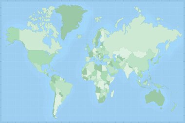 Dünyanın yeşil renkleriyle detaylı bir haritası. Vektör Dünya Haritası.