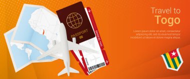 Togo pop-under bayrağına git. Pasaport, bilet, uçak, biniş kartı, harita ve Togo bayrağı.