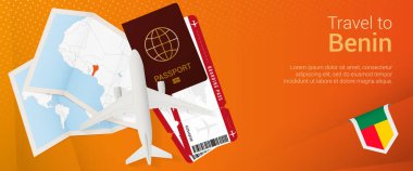 Benin pop-under bayrağına git. Pasaport, bilet, uçak bileti, uçuş kartı, harita ve Benin bayrağı..