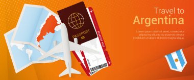 Arjantin pop-under bayrağına seyahat. Pasaport, bilet, uçak, biniş kartı, harita ve Arjantin bayrağıyla seyahat bayrağı.