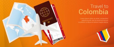 Kolombiya pop-under bayrağına git. Pasaport, bilet, uçak, biniş kartı, harita ve Kolombiya bayrağı..