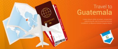 Guatemala pop-under bayrağına git. Pasaport, bilet, uçak bileti, uçuş kartı, harita ve Guatemala bayrağı..