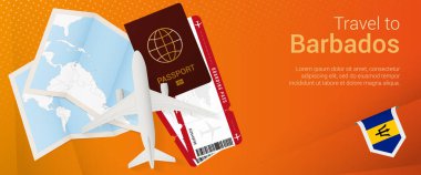Barbados 'a açılır kapanır pankart. Pasaportlu, biletli, uçak, biniş kartı, harita ve Barbados bayrağı.