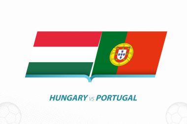 Macaristan, Avrupa Futbol Yarışması 'nda Portekiz' e karşı, F Grubu, futbol arka planında ikona karşı. Spor vektörü simgesi.