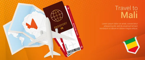 Podróż Mali Pop Banner Baner Wycieczkowy Paszportem Biletami Samolotem Kartą — Wektor stockowy
