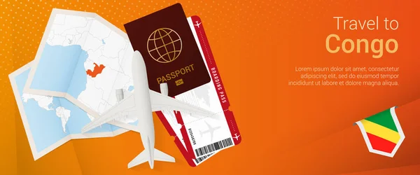 Podróż Konga Baner Pop Baner Turystyczny Paszportem Biletami Samolotem Kartą — Wektor stockowy