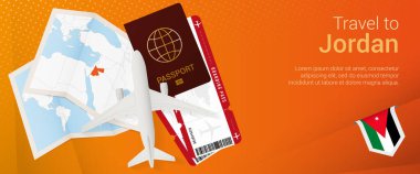 Ürdün pop-under bayrağına git. Pasaport, bilet, uçak, biniş kartı, harita ve Ürdün bayrağı..