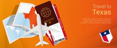 Texas Pop-under bayrağına git. Pasaport, bilet, uçak, biniş kartı, harita ve Teksas bayrağı..