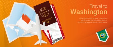 Washington 'a pop-under pankartıyla git. Pasaport, bilet, uçak, biniş kartı, harita ve Washington bayrağı..