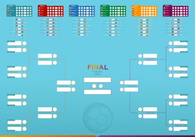 Avrupa Futbol Müsabakaları Maç Programı, tüm maçlar, zaman ve mekan. Futbol turnuvasına katılanların Avrupa bayrakları. Vektör şablonu.