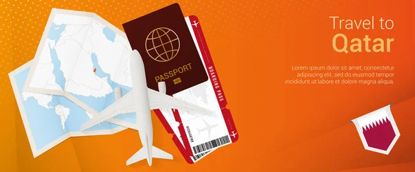 旅行到卡塔尔弹出下面的横幅 带有卡塔尔护照 登机证 地图和国旗的旅行横幅 — 图库矢量图片