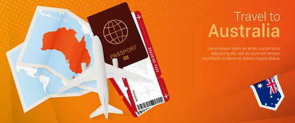 Podróż Australii Pop Banner Baner Wycieczkowy Paszportem Biletami Samolotem Kartą — Wektor stockowy