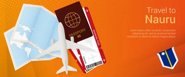 前往瑙鲁 在横幅下飞行 带有瑙鲁护照 登机证 地图和国旗的旅行横幅 — 图库矢量图片