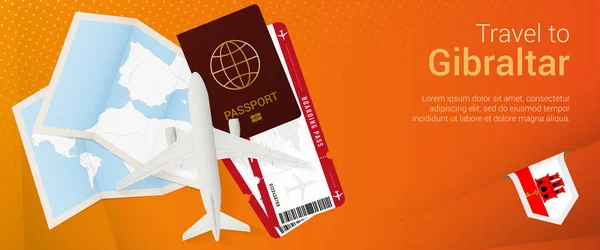 旅行到直布罗陀 在横幅下 带有直布罗陀护照 登机证 地图和国旗的旅行横幅 — 图库矢量图片