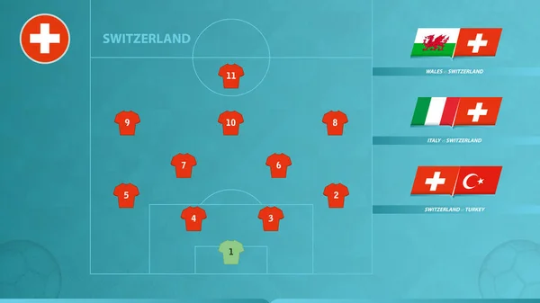 瑞士足球队 在欧洲足球比赛的3场小组赛中具有较好的系统形成和图标 — 图库矢量图片
