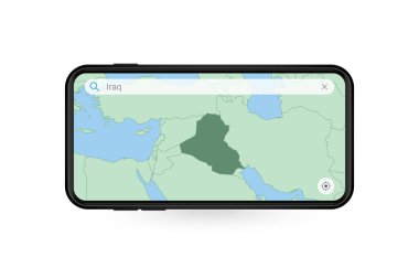 Smartphone harita uygulamasında Irak haritası aranıyor. Cep telefonundaki Irak Haritası.