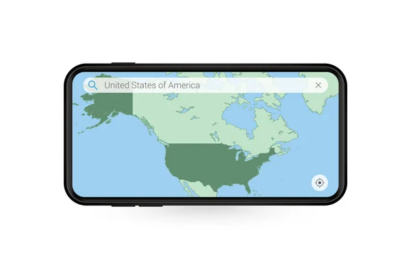 スマートフォン地図アプリケーションでアメリカの地図を検索します 携帯電話のアメリカ地図 — ストックベクタ