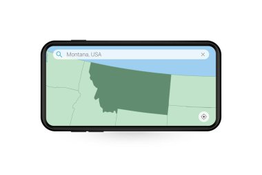 Smartphone harita uygulamasında Montana haritası aranıyor. Cep telefonunda Montana Haritası.