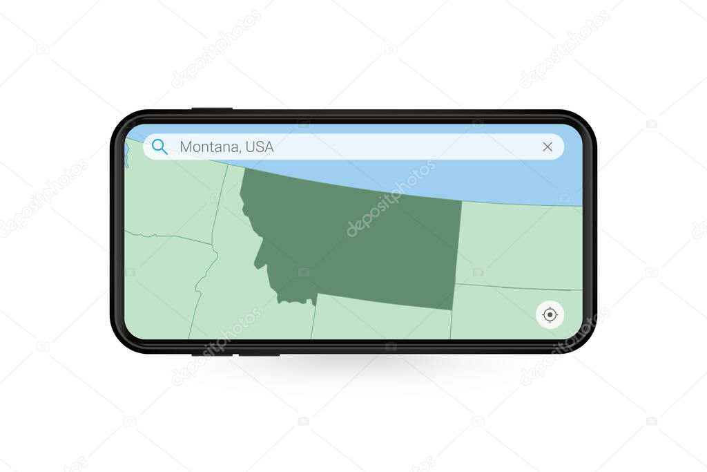 Searching map of Montana in Smartphone map application. Map of Montana in Cell Phone.