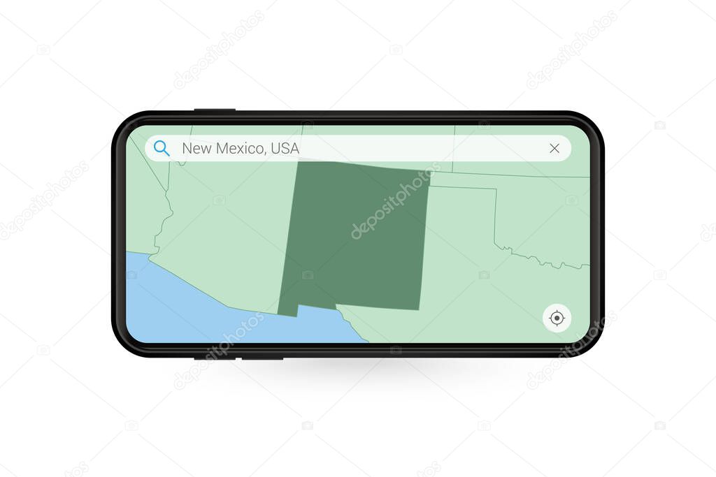 Searching map of New Mexico in Smartphone map application. Map of New Mexico in Cell Phone.