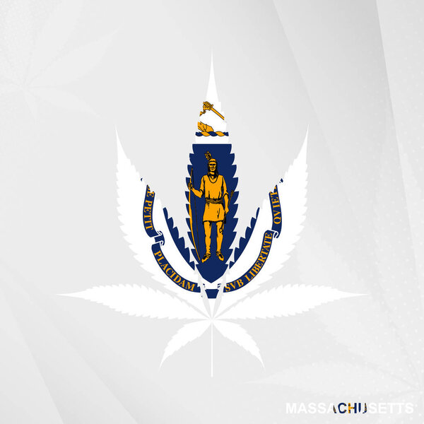 Flag of Massachusetts in Marijuana leaf shape. The concept of legalization Cannabis in Massachusetts.