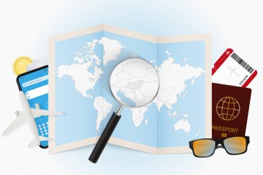 Macaristan 'a seyahat, seyahat ekipmanlarıyla turizm ve Macaristan üzerinde büyüteç bulunan dünya haritası.