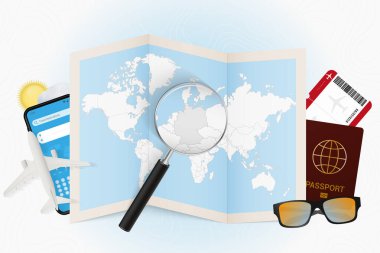 Seyahat noktası Almanya, seyahat ekipmanları ile turizm modeli ve Almanya üzerinde büyüteç bulunan dünya haritası.