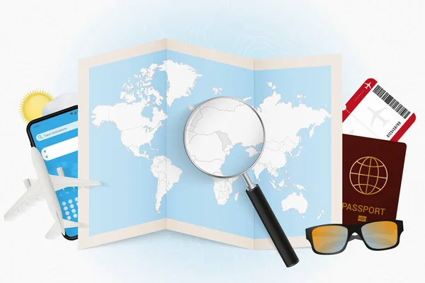 Cestovní Destinace Moldavsko Cestovní Ruch Cestovní Výbavou Mapa Světa Lupou — Stockový vektor