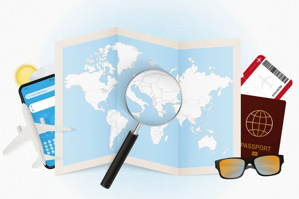 Reisbestemming Albanië Toeristische Mockup Met Reisuitrusting Wereldkaart Met Vergrootglas Een — Stockvector