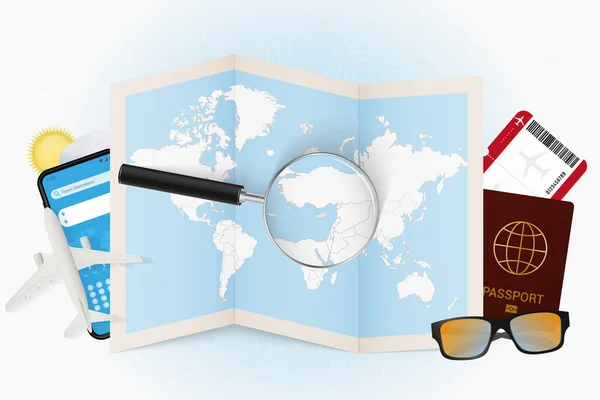 Cestovní Destinace Kypr Cestovní Ruch Cestovní Výbavou Mapa Světa Lupou — Stockový vektor