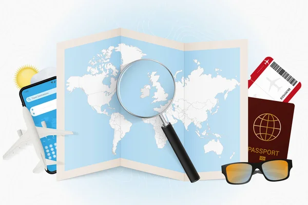 Reisbestemming Ierland Toeristische Mockup Met Reisuitrusting Wereldkaart Met Vergrootglas Een — Stockvector
