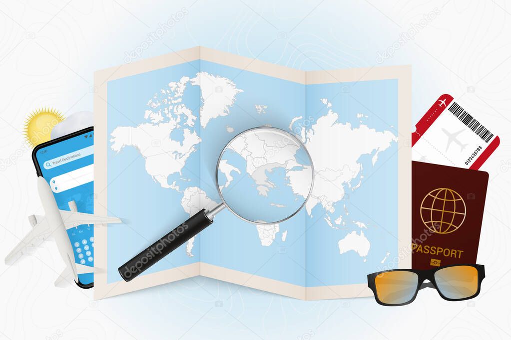 Travel destination Greece, tourism mockup with travel equipment and world map with magnifying glass on a Greece.