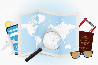 Seyahat yeri Burundi, seyahat ekipmanlarıyla turizm ve Burundi üzerinde büyüteç olan dünya haritası..