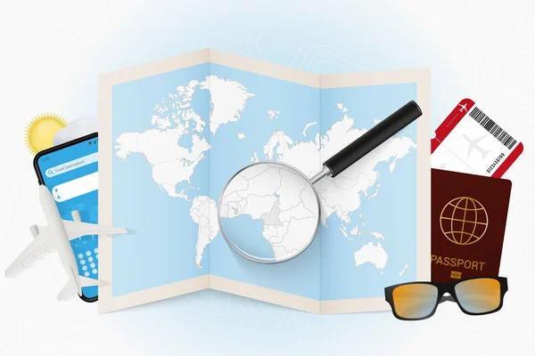 Destino Viagem Camarões Maquete Turismo Com Equipamentos Viagem Mapa Mundo —  Vetores de Stock