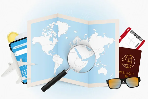 旅行先ジブチ 旅行機器との観光モックアップとジブチに虫眼鏡で世界地図 — ストックベクタ