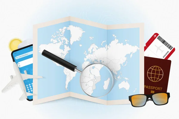 Cestovní Destinace Mosambik Cestovní Ruch Cestovní Výbavou Mapa Světa Lupou — Stockový vektor