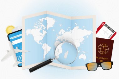 Seyahat yeri Madagaskar, seyahat ekipmanlarıyla turizm ve Madagaskar üzerinde büyüteç bulunan dünya haritası..