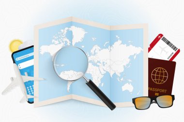 Antigua ve Barbuda 'ya seyahat rotası, seyahat ekipmanlarıyla turizm ve Antigua ve Barbuda üzerinde büyüteç bulunan dünya haritası..