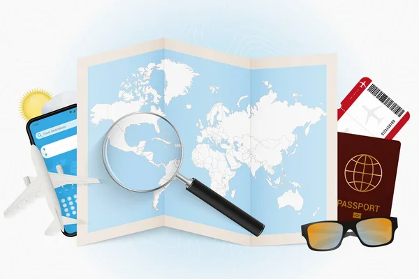 Reisbestemming Salvador Toeristische Mockup Met Reisuitrusting Wereldkaart Met Vergrootglas Een — Stockvector