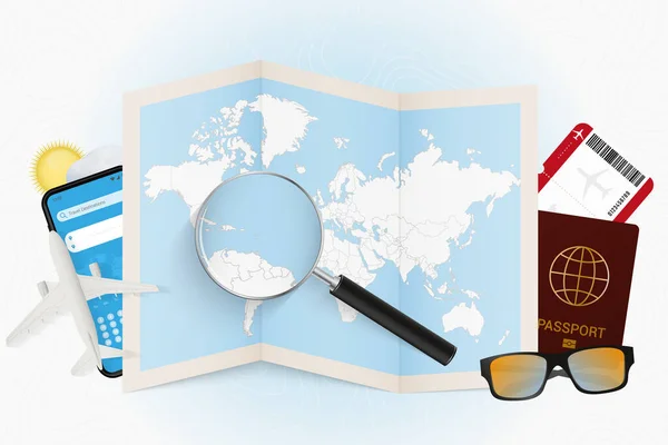 圣基茨和尼维斯旅游目的地 旅游设备模型和在圣基茨和尼维斯使用放大镜的世界地图 — 图库矢量图片
