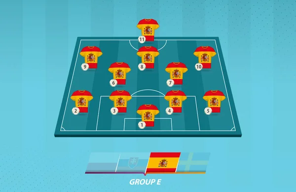 Voetbalveld Met Spanje Team Line Voor Europese Competitie — Stockvector