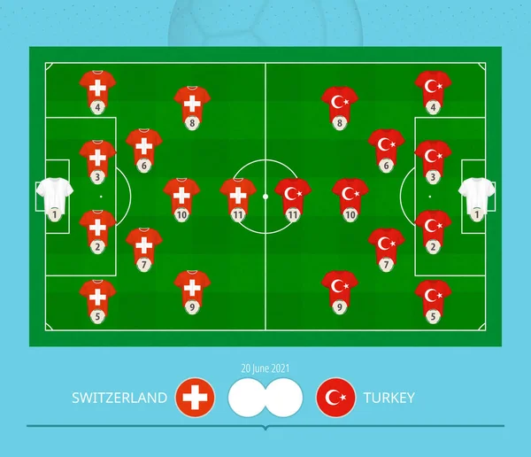 瑞士对土耳其的足球比赛 球队更喜欢在足球场上排成一队 — 图库矢量图片