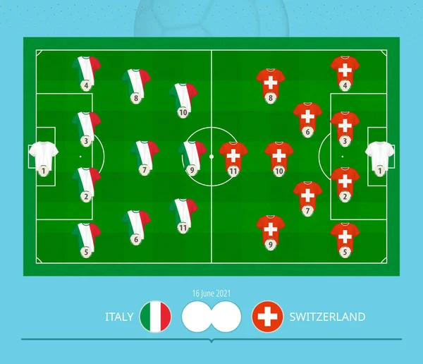 이탈리아와 스위스의 경기에서 팀들은 축구장에서 시스템을 했습니다 — 스톡 벡터