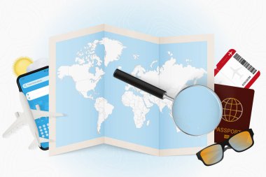 Seyahat yeri Kiribati, seyahat ekipmanlarıyla turizm ve Kiribati üzerinde büyüteç bulunan dünya haritası..