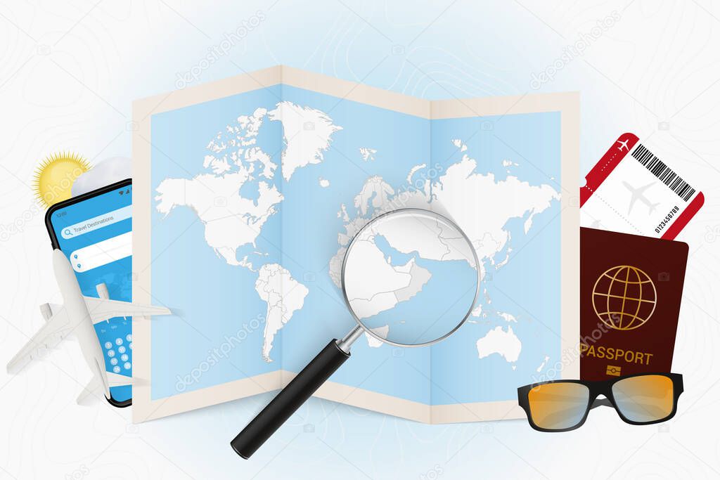 Travel destination Oman, tourism mockup with travel equipment and world map with magnifying glass on a Oman.